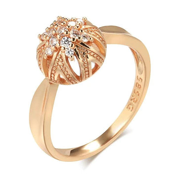 Unique Luxury 14K Rolled Rose Gold AAA Zircon Crystal Flower Ring For Women - Ethnic Vintage Daily Jewellery